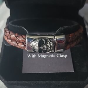 Antique Brown Braided Leather Bracelet with Silver Skull Face Magnetic Clasp.
